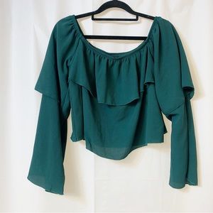 Workhall Forest Green Ruffle Off the Shoulder Top Large